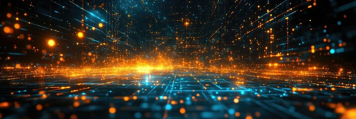 Panoramic abstract technology background with glowing grid and particles