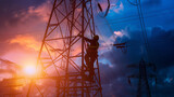 Silhouette electrician work on high ground heavy industry concept