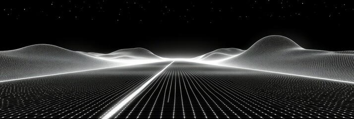 Wall Mural - Luminous grid road winds through a digital world beneath a starlit sky