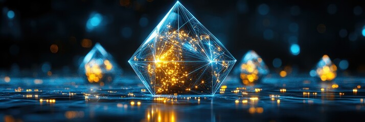 Wall Mural - Luminous crystal glowing in abstract background with bokeh lights in the dark