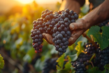 Harvesting ripe black grapes in a vineyard during sunset for wine production