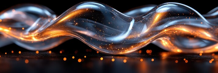 Wall Mural - Dark background panoramic banner with abstract transparent wavy shape and flowing golden particles inside