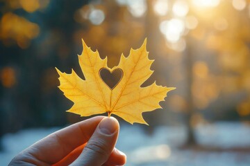 Wall Mural - Hand holding a yellow maple leaf with a heart-shaped cutout, symbolizing love and autumn against a soft blurred background Generative AI