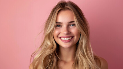 Wall Mural - Smiling young woman with blonde long groomed hair isolated on pastel flat background with copy space