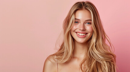 Wall Mural - Smiling young woman with blonde long groomed hair isolated on pastel flat background with copy space