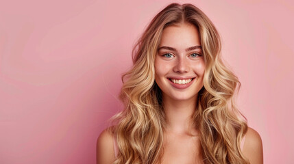 Wall Mural - Smiling young woman with blonde long groomed hair isolated on pastel flat background with copy space