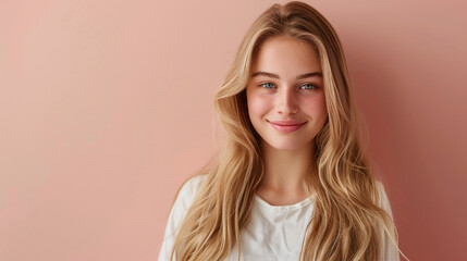 Wall Mural - Smiling young woman with blonde long groomed hair isolated on pastel flat background with copy space