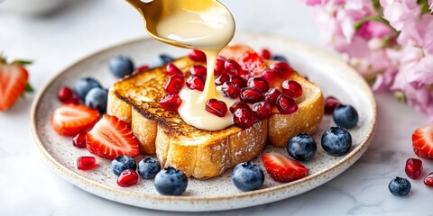 Wall Mural - Delicious French toast topped with fresh berries and creamy drizzle. A perfect breakfast choice for a delightful start to your day. Its colorful presentation makes it visually appealing. AI