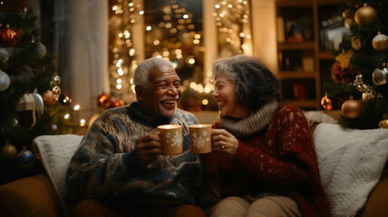 An elderly black couple at home in a festive atmosphere with a smile drinks warm cocoa from their cups, the joy of Christmas, holiday mood, holiday concept