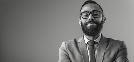 Confident Businessman in a Suit with Glasses, Smiling in Black and White Portrait