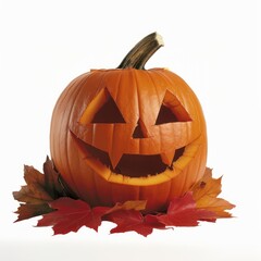 Carved pumpkin with autumn leaves