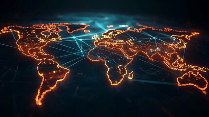 Wall Mural - world map with glowing continents and network connections