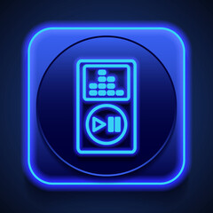 Wall Mural - Player musical simple icon. Flat design. Blue neon style on button. With shadow