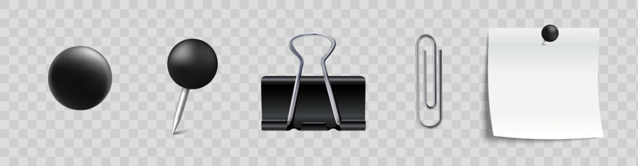 Realistic set with paper clips and pins. Black pin, staple and binder clip for paper attach. Vector EPS 10