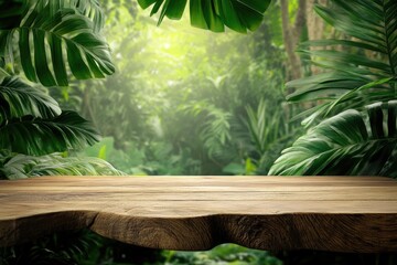 Poster - Tropical Jungle Shelf Display with Green Background for Nature-inspired Cosmetic Products Presentation