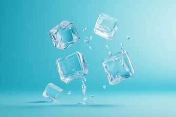 Clear ice cubes splashing in water against a vibrant turquoise background, creating a refreshing visual effect