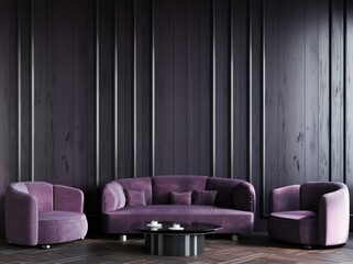 A modern living room interior with a purple sofa, two armchairs, a black coffee table and a dark purple wooden wall.