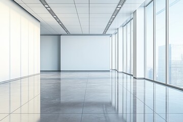 Poster - Modern Corporate Office with Panoramic City View and Minimalist Design. Empty Business Room with Marble Tile Floor