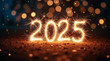 © Cedric - glänzende goldene Ziffern 2025 mit funkeltenden Lichtern auf einem verschwommenen Hintergrund für Neujahrsfeier