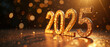 © Cedric - glänzende goldene Ziffern 2025 mit funkeltenden Lichtern auf einem verschwommenen Hintergrund für Neujahrsfeier