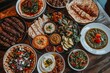 © typepng - Grilled lamb kebab, chicken skewers with roasted vegetables, and appetizer variety served on wooden outdoor table in middle eastern, arabic, or mediterranean style.