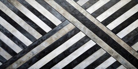 Wall Mural - Abstract monochromatic geometric painting with intersecting black and white diagonal stripes and textured surfaces