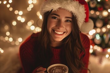 Festive woman enjoying hot chocolate in santa hat with holiday lights