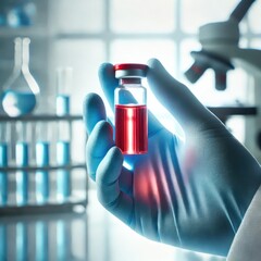 Scientist holding a red liquid vial, conducting cutting-edge biotechnology research