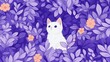 © Aliverz - A playful white cat nestled among vibrant purple foliage and pastel flowers in a whimsical illustration