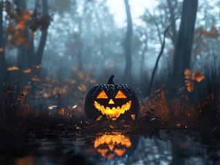 Wall Mural - spooky forest with illuminated pumpkin