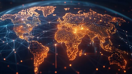 Wall Mural - a global network of interconnected points of light illuminating a world map