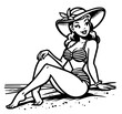 © Luka - cartoon pin-up girl with beach towel and retro swimsuit black vector