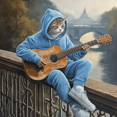 Cool cat in a blue hoodie strumming a guitar on a scenic bridge, immersed in music and the beauty of nature