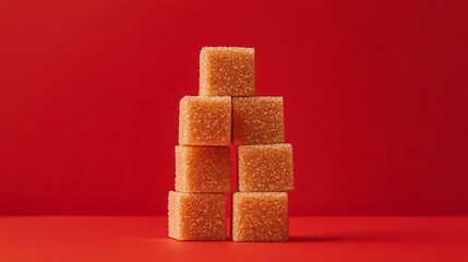 Brown sugar cubes stacked in a perfect tower, isolated on a vibrant red background