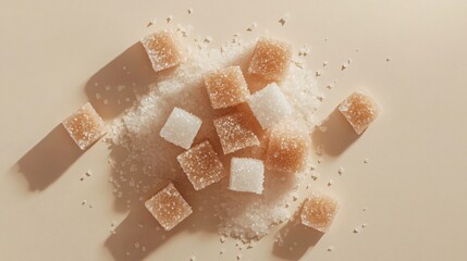 White and brown sugar cubes mixed together, isolated on a soft beige background with slight texture