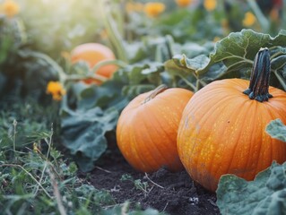 Canvas Print - Ripe pumpkins in garden natural background autumn vegetables harvest fall season concept