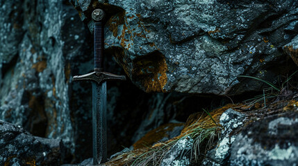 Sword stuck in a rock like in the Excalibur Legend, the mythical sword of king arthur