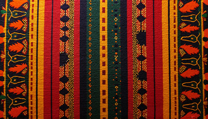 Vibrant tribal textile pattern featuring colorful stripes and leaf motifs