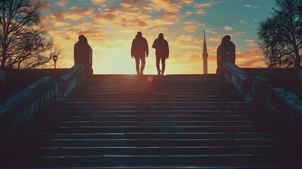 Wall Mural - Silhouetted Figures Walking Towards a Vibrant Sunset Overlooking a Cityscape