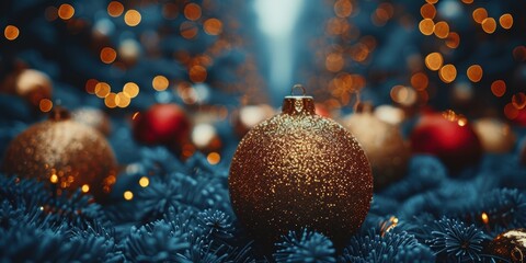 Glittering golden Christmas ornament with a backdrop of bokeh lights and evergreen branches in a festive holiday setting to celebrate the season