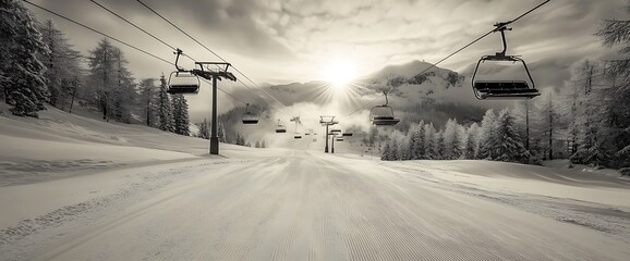 Wall Mural - Empty ski lift in the snow with a sunlit mountain background.