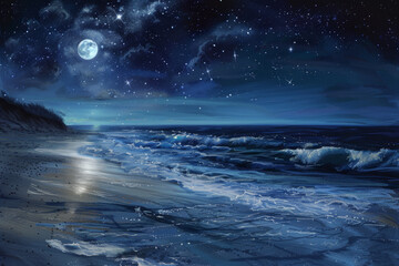 Wall Mural - A painting of a beach at night with a full moon in the sky