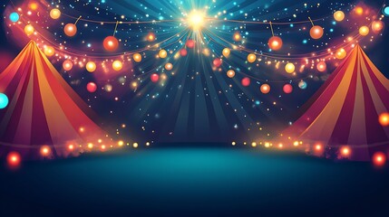 A festive background with two circus tents, string lights, and a spotlight.