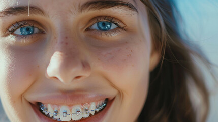 The braces on the teeth of a youthful, attractive brunette woman, close up