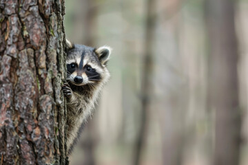 a raccoon is peeking out from behind a tree trunk