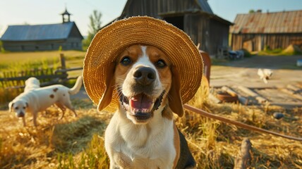 A happy beagle wearing a straw hat poses on a sunny farm with other dogs and barns in the background, enjoying the outdoors.