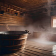 © Mariana Rusanovschi - Interior of a wooden sauna with hot steam coming out of bathtub. Wooden tub and natural wood for health treatments