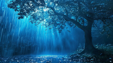 The natural landscape is bathed in electric blue as the sun shines through the branches of a tree in the rain, creating a serene and beautiful scene