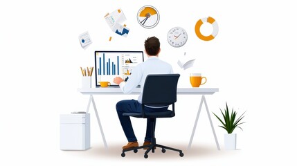 A man in casual attire, sitting by his desk with a cup of tea, working on spreadsheets, and balancing work and relaxation.