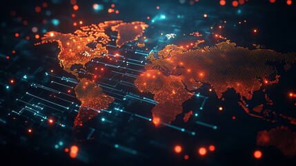 Wall Mural - a digital world map illuminated with orange lights and blue lines
